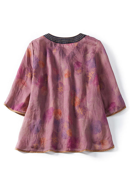 Purple Print Side Open Cotton Top Bracelet Sleeve