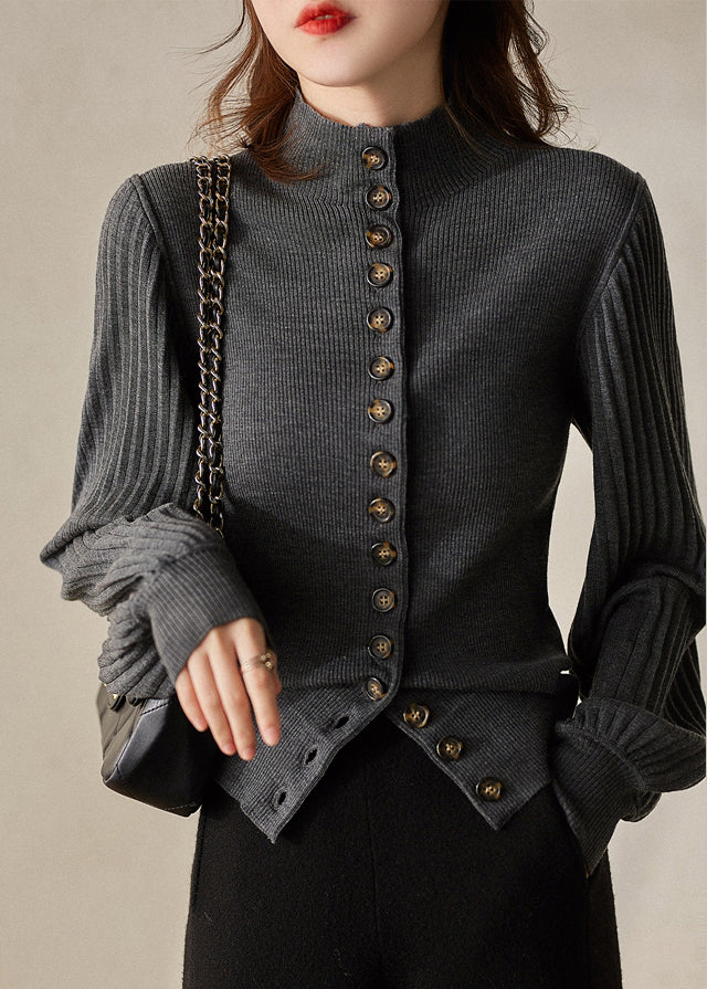 Dark Gray O-neck Button Woolen Cardigans Long Sleeve