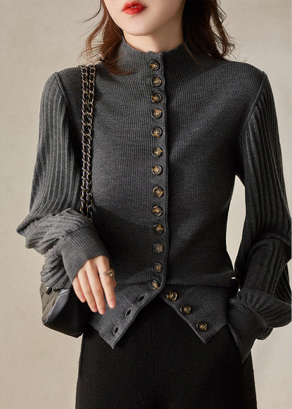 Dark Gray O-neck Button Woolen Cardigans Long Sleeve