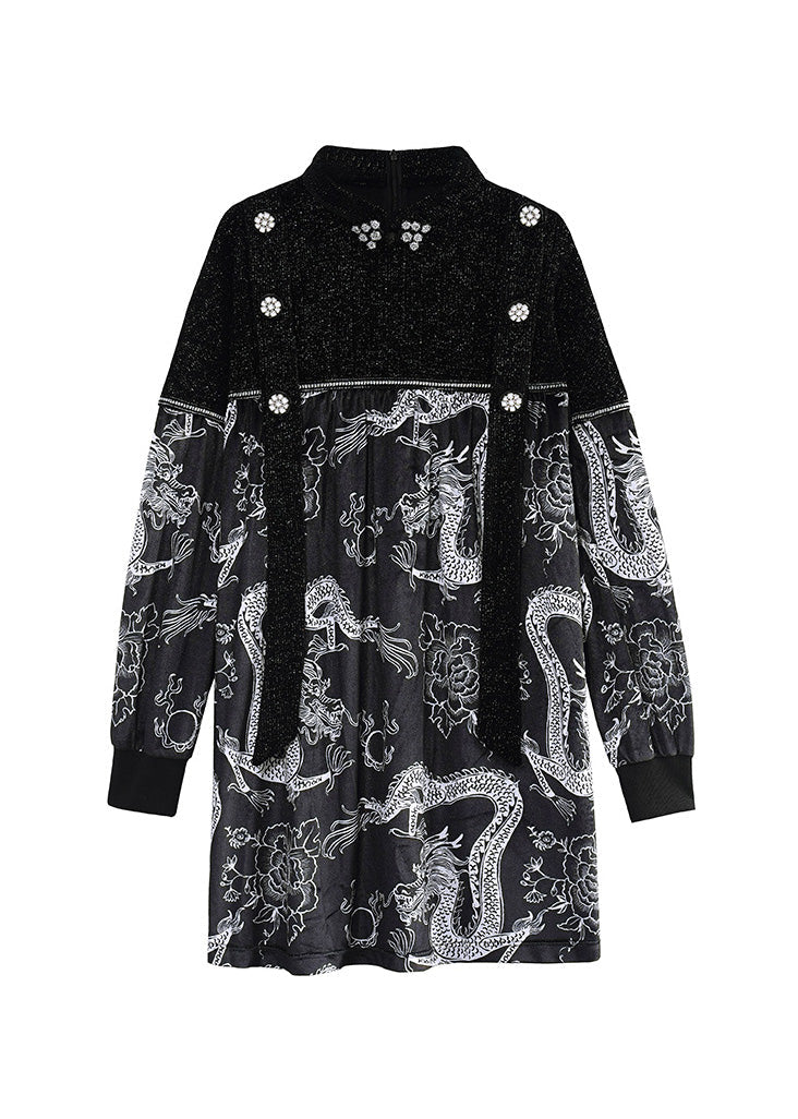 Retro Black Stand Collar Embroideried Patchwork Diamond Mid Dresses Spring
