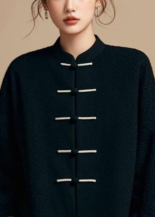 Loose Black Stand Collar Button Cotton Fall Coat