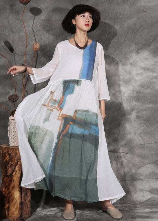 White Print Cotton Long Dress Spring