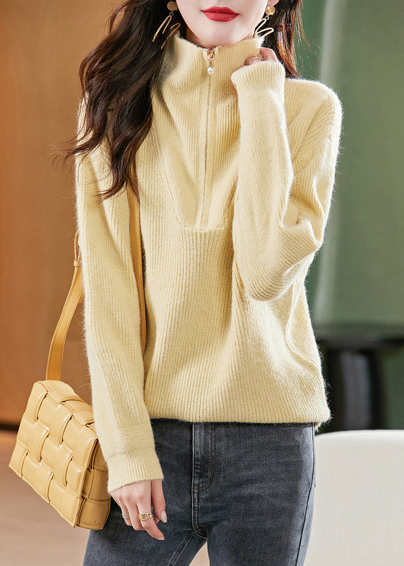 Yellow Zip Up Patchwork Warm Woolen Sweater Tops Fall