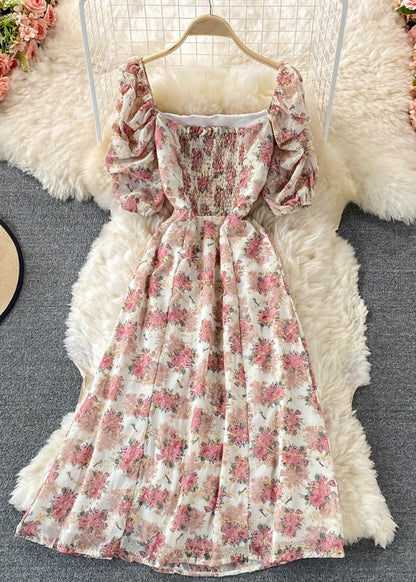 Apricot Square Collar Print Tunic Chiffon Maxi Dresses Short Sleeve