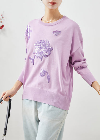 Organic Purple Sequins O-neck Knit Sweater Winter