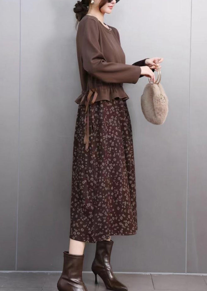 Novelty Coffee O-neck Patchwork Print Fake Two Pieces Long Dress Spring