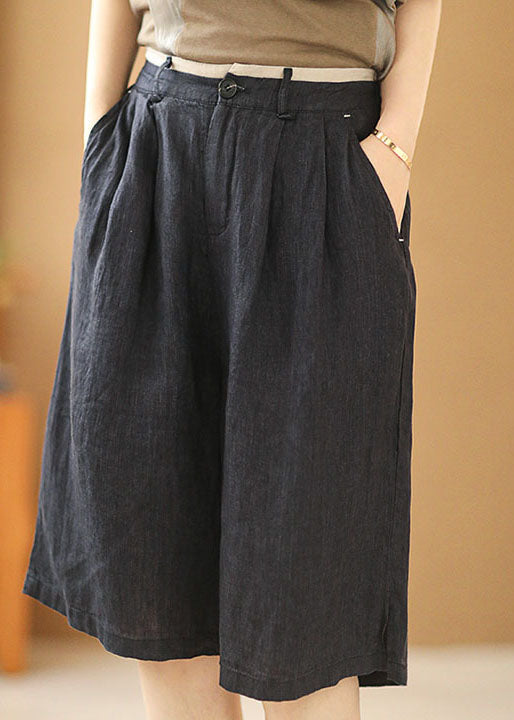 Navy Elastic Waist Pockets Linen Straight Pants Shorts Summer