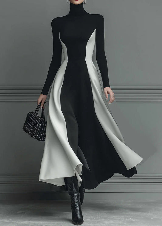 Fitted Black Hign Neck Patchwork Cotton Long Dress Spring