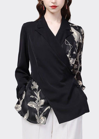 Black Peter Pan Collar Patchwork Print Chiffon Shirt Top Spring