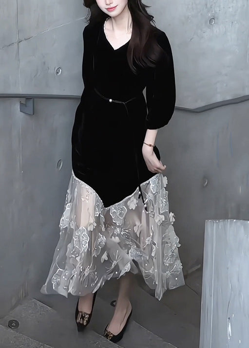 Handmade Black V Neck Tulle Patchwork Silk Velvet Long Dress Bracelet Sleeve