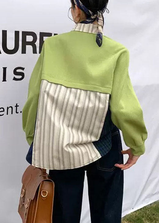 Handmade Green Patchwork Striped Button Fall Long Sleeve Top