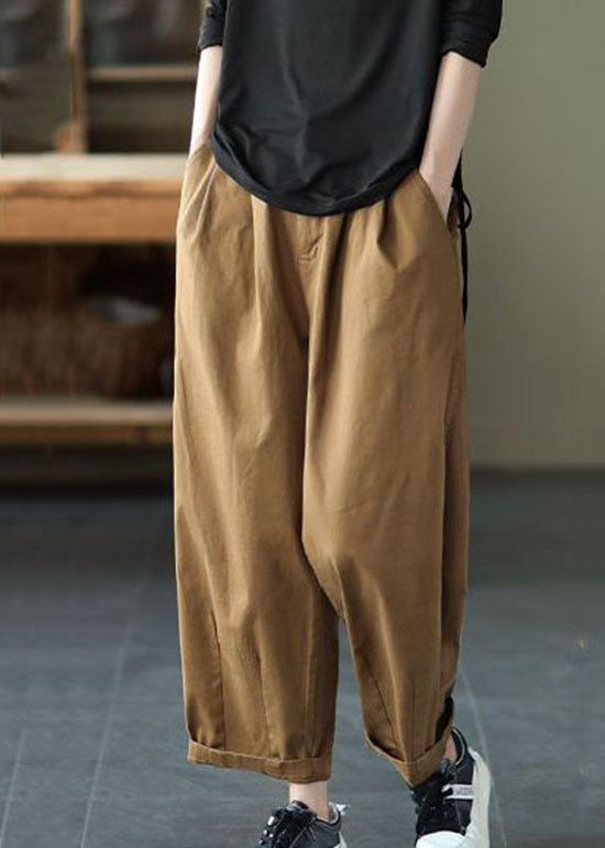 Dark Khaki Pockets Patchwork Cotton Pants Summer