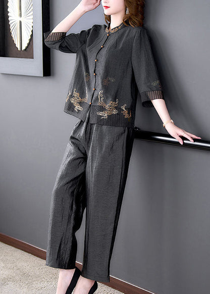 Black Mandarin Collar Oriental Button Tulle Patchwork Silk Two Piece Set Clothing Summer