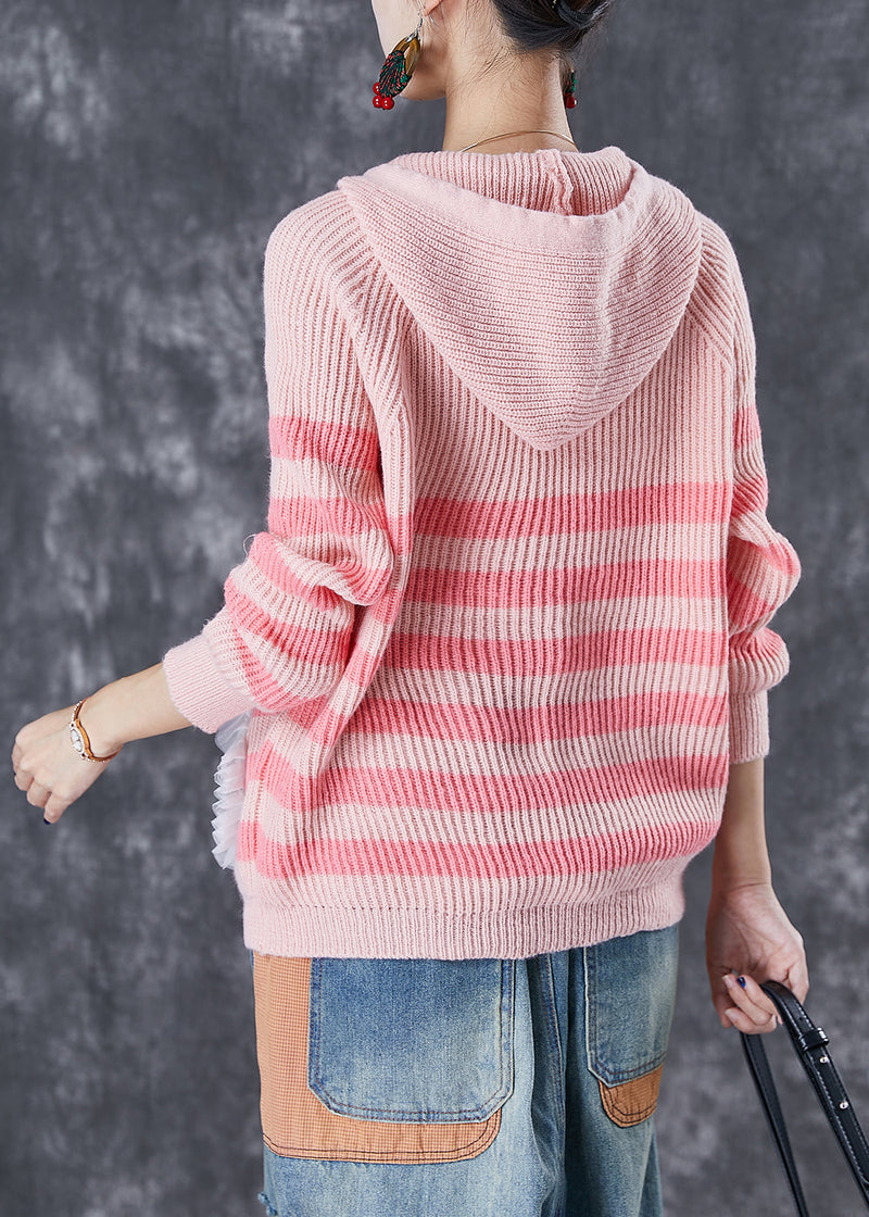 Pink Animal Embroideried Patchwork Knit Pullover Tops Fall