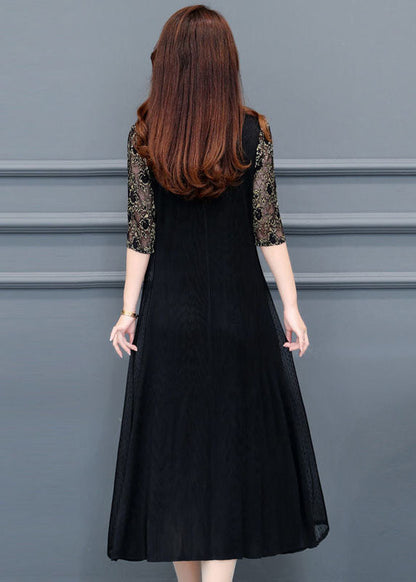 Boutique Black V Neck Lace Patchwork Silk a Line Dresses Half Sleeve
