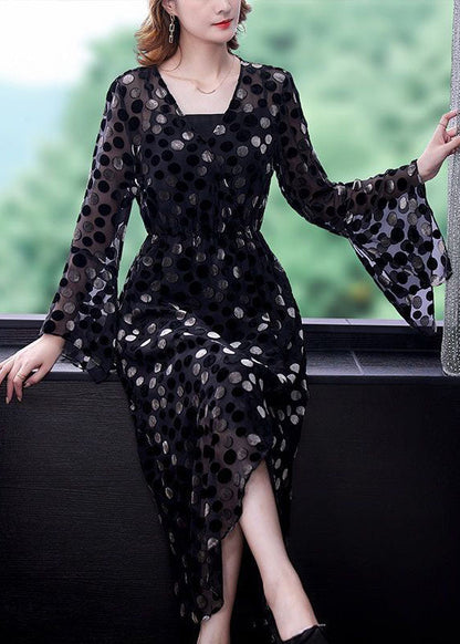 Black Cinched Side Open Dot Silk Velour Maxi Dress Flare Sleeve