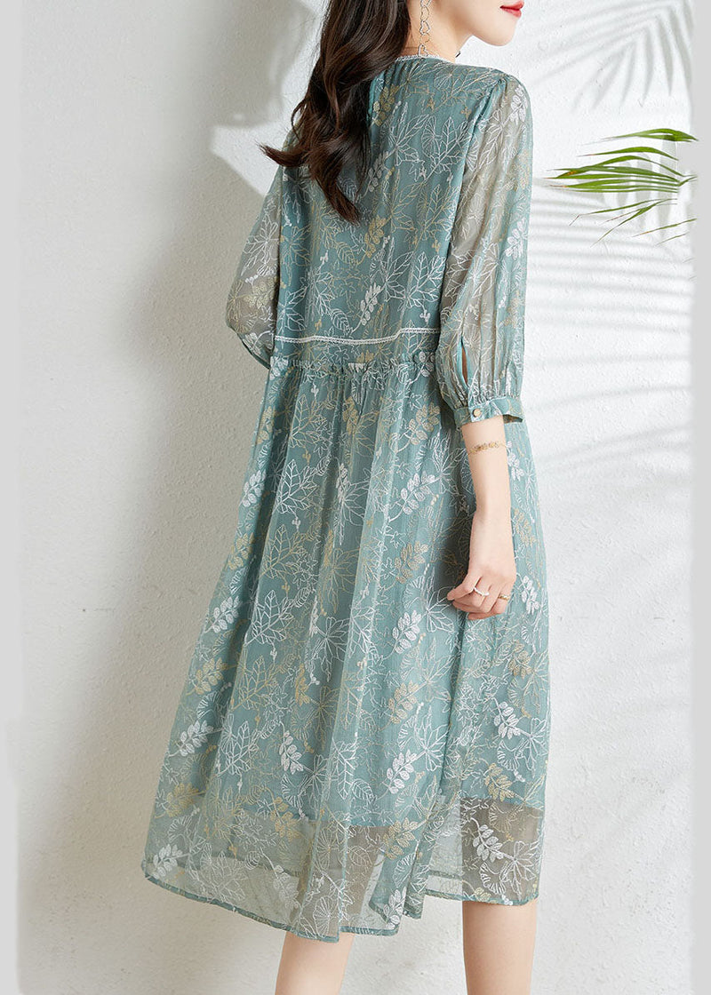 Grey Blue Hollow Out Printing Silk Dress Long Sleeve