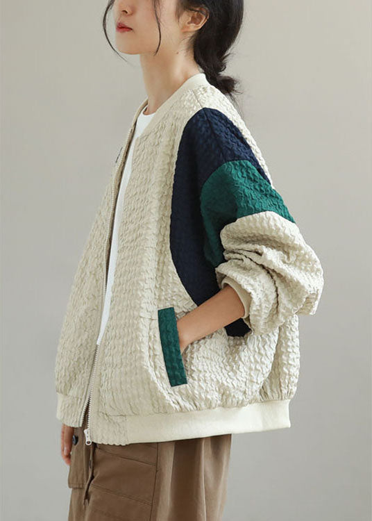 Street Beige Patchwork Zippered Fall Coat