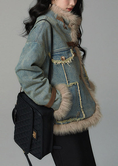 Denim Blue Fluffy Pockets Patchwork Cotton Filled Parkas Winter