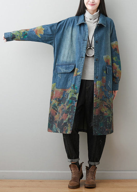 Blue Peter Pan Collar Pockets Print Cotton Denim Coats Spring