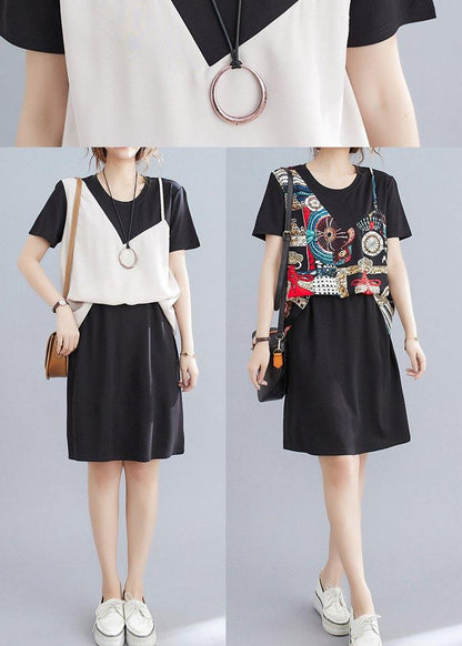 Organic Black Patchwork Beige Summer Chiffon Dress