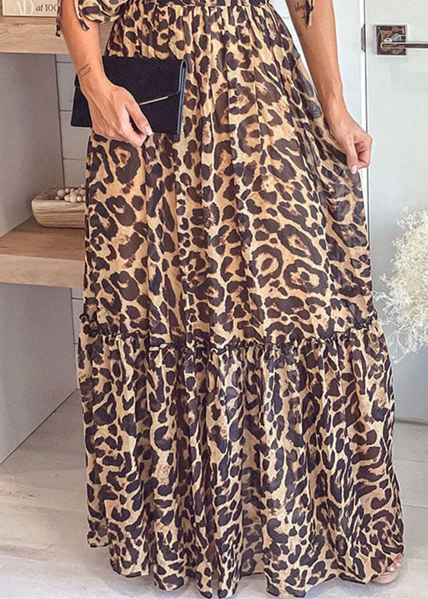 Boutique V Neck Leopard Print Patchwork Ruffled Cinch Long Dresses Short Sleeve