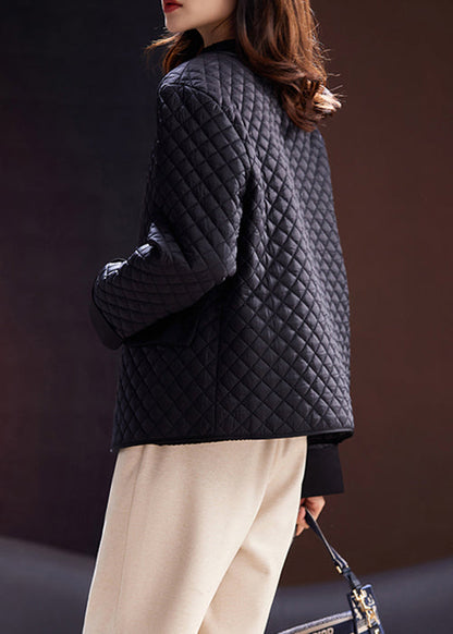 Black V Neck Button Thin Cotton Filled Coat Spring