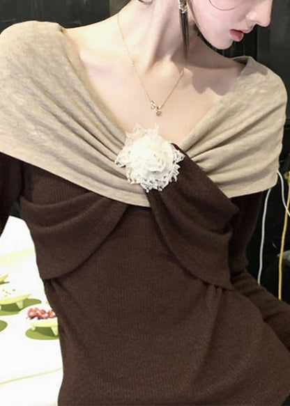 Original Design Brown Patchwork Knit Sweaters Fall