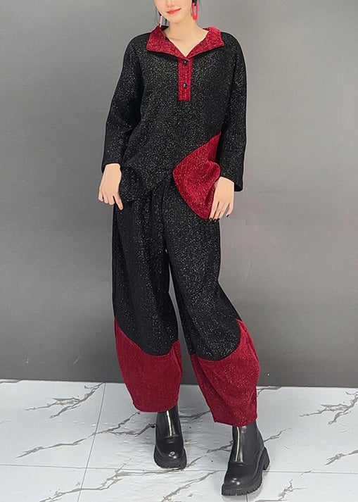 Black Patchwork Tops and Pants Cotton Two Pieces Set Fall