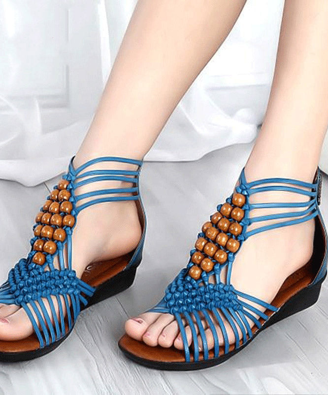 Blue Wedge Genuine Leather Cross Beaded Strap Sandals