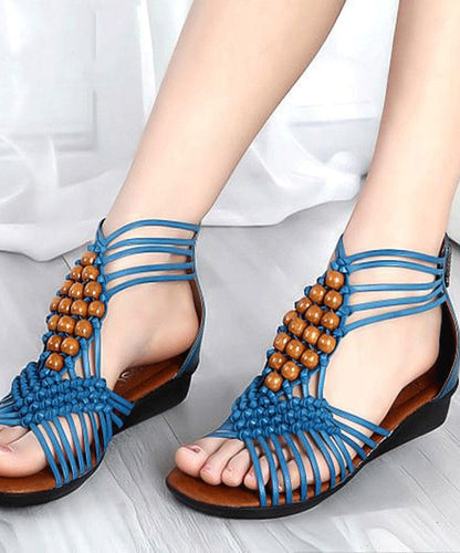 Blue Wedge Genuine Leather Cross Beaded Strap Sandals
