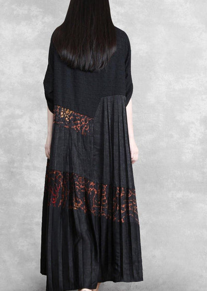 Luxy Silk Maxi Dresses Black Pleated Low High Patchwork Dress