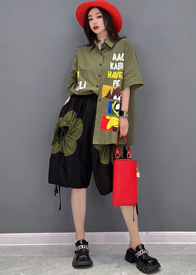 Novelty Army Green Character Applique Elastic Waist Drawstring Cotton Shirts and Shorts Two Pieces Set Summer