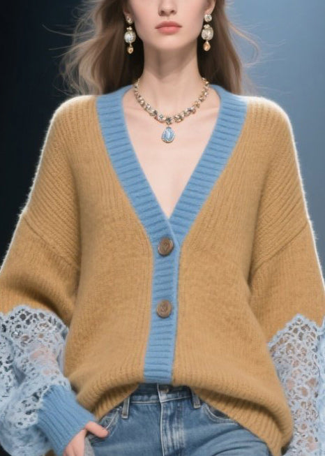 Brown Low High Design Patchwork Lace Knit Cardigans Winter