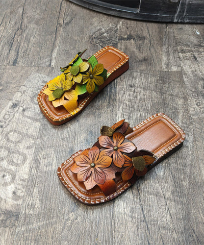 Handmade Cowhide Leather Yellow Green Slide Sandals