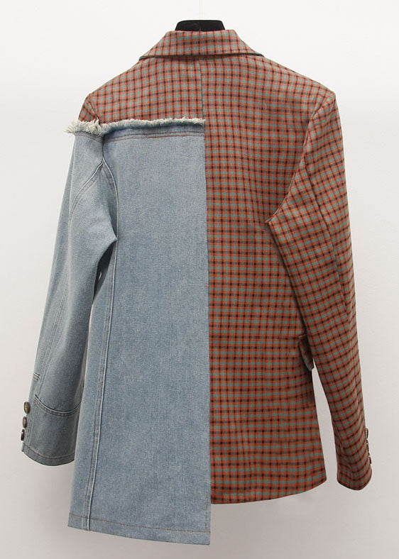 Diy Black Notched Pockets Asymmetrical Denim Patchwork Coats Long Sleeve