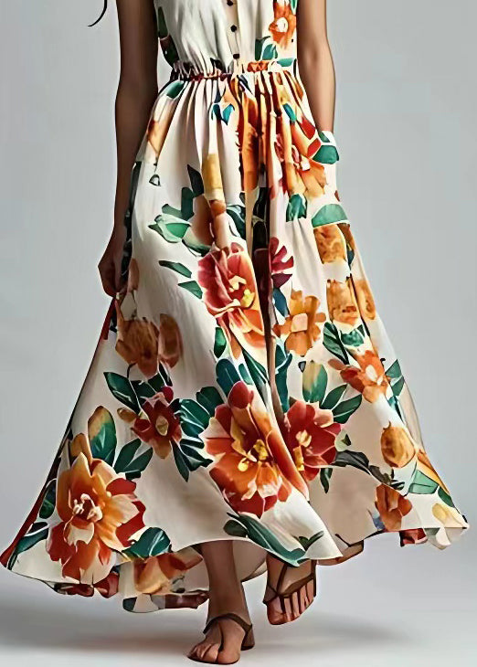 Beige V Neck Print Pockets Cotton Spaghetti Strap Dress Sleeveless