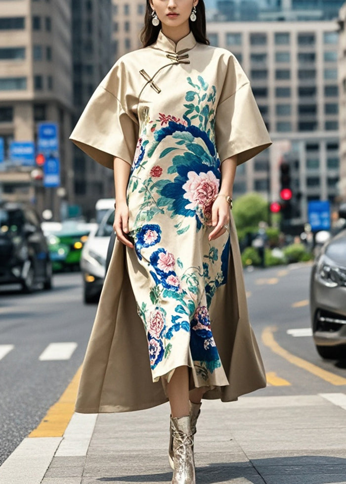 Original Design Khaki Mandarin Collar Print Silk a Line Dress Fall