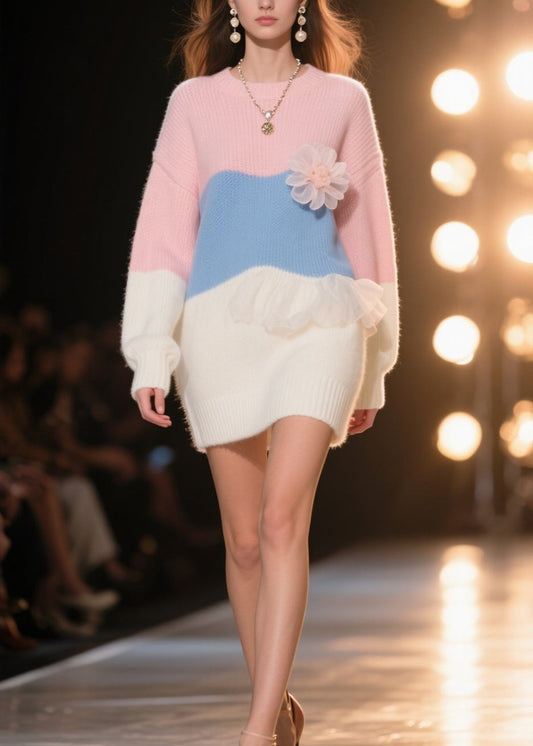 Art Colorblock Ruffled Knit Sweater Dress Winter