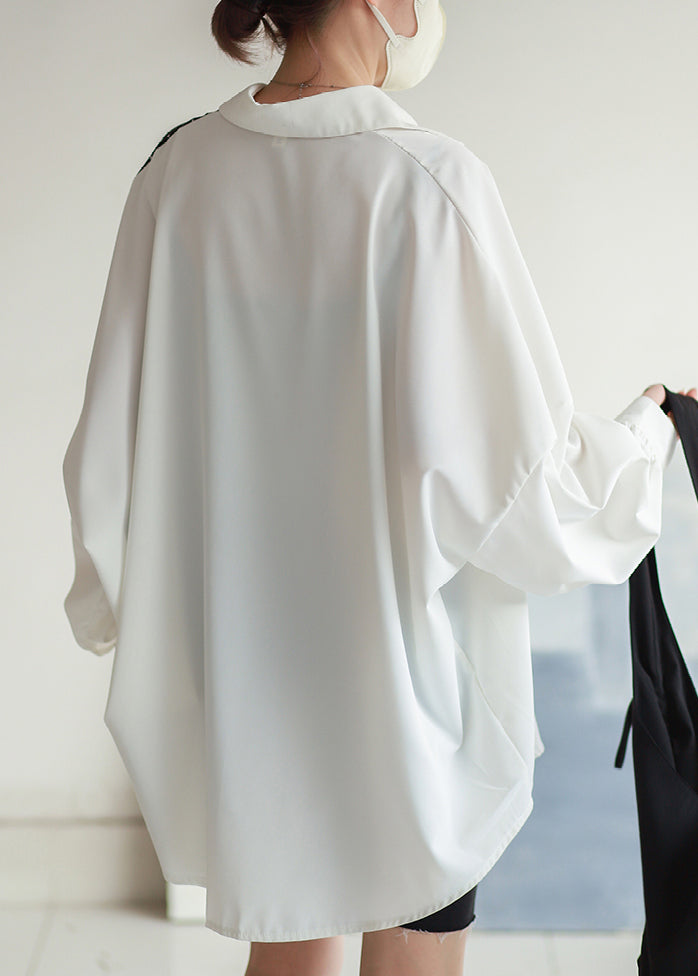 White Dot Asymmetrical Button Chiffon Shirt Batwing Sleeve