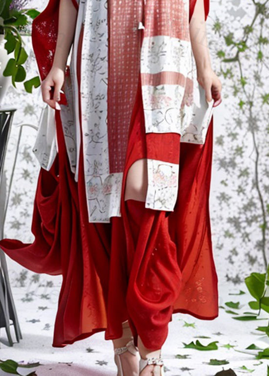 Red Stand Collar Oriental Button Silk Dresses Summer