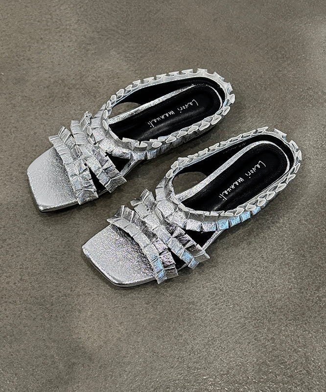 New Black Wrinkled Sheepskin Slide Sandals Peep Toe