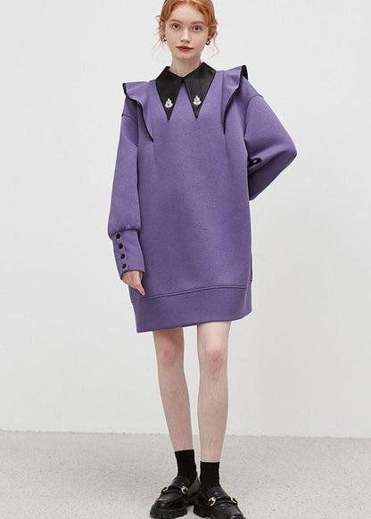 Purple Peter Pan Collar Patchwork Ruffled Cotton Dress Spring
