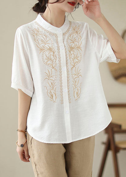 White Patchwork Cotton Blouses Stand Collar Summer