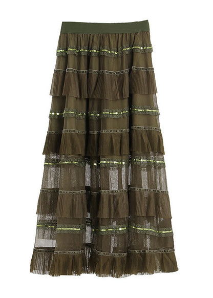 Unique Green Elastic Waist Tulle a Line Skirts Spring