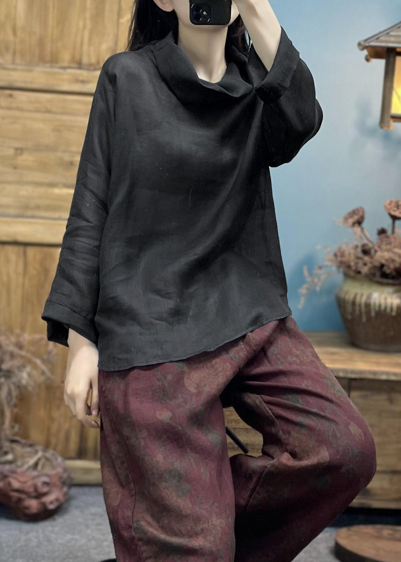 Simple Black Turtleneck Cotton Top Spring