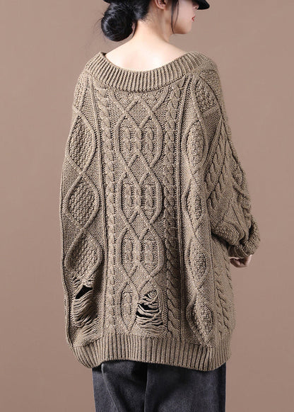 Khaki V Neck Cotton Knit Sweaters Fall