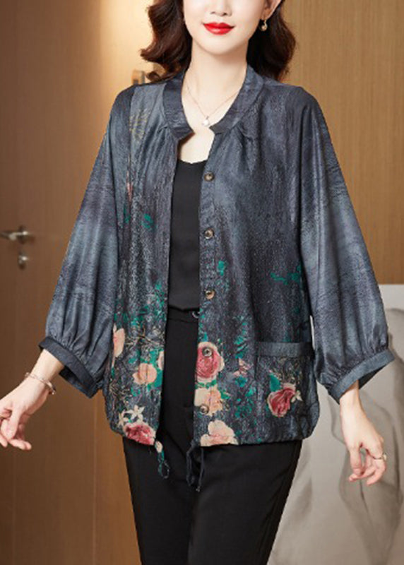 Blue Stand Collar Print Button Silk Tops Long Sleeve