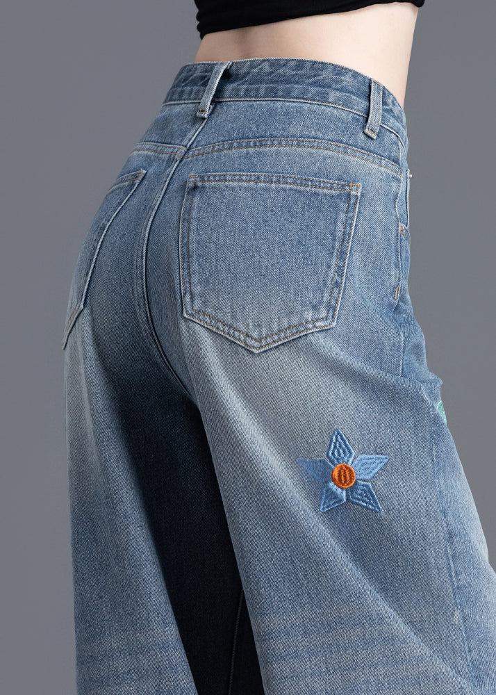 Boutique Blue Embroidered Denim Straight Pants Spring