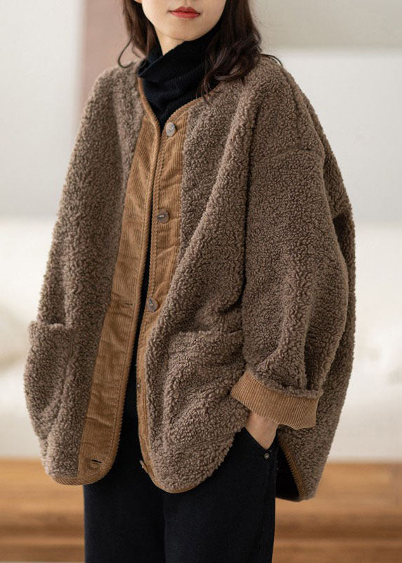Coffee O-neck Pockets Button Warm Faux Fur Coats Long Sleeve